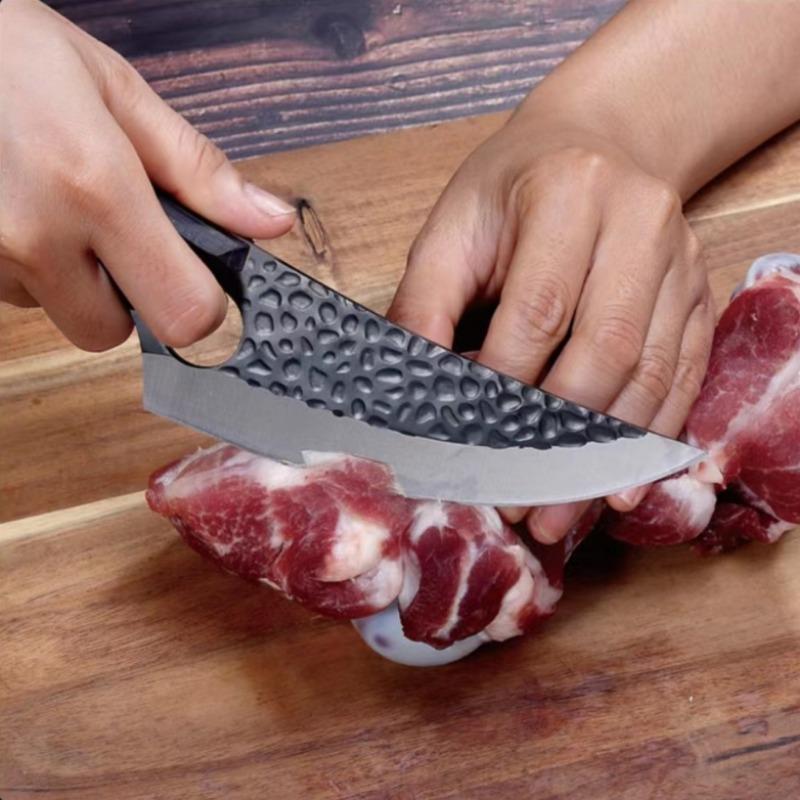 Wooden Handle with Hole Boning Knife Hammer Pattern Forging Slaughter Cutting Meat Skinning Knife Killing Fish with Leather Case