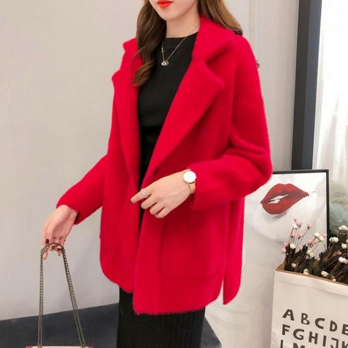 

Женская куртка из искусственного меха норки средней длины на осень-зиму, свободный плюшевый вязаный кардиган, утолщенное вязаное пальто XL красный