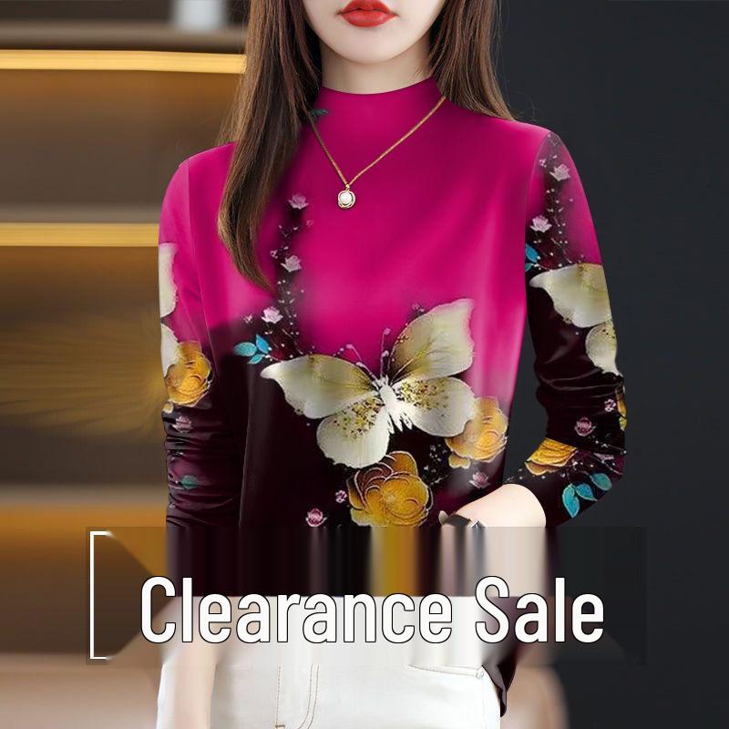 

Women s Fleece-Lined Tummy-Covering Floral Top - Long Sleeve & Semi-High Neck 2XL (125-140 jin)