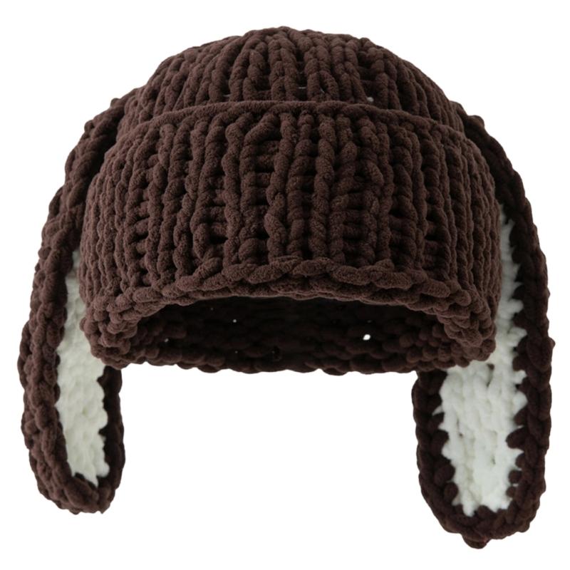 

Pullover Cartoon Head Cover with Rabbit Ears for Outdoor Sports Warm Hat with Ear Oversized Headgear Hat for Winter коричневий