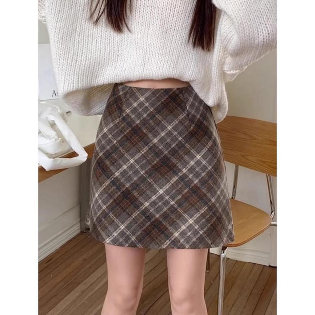 Women's High Waist Woolen Plaid Mini Skirt - Slim Fit Autumn/Winter 2026
