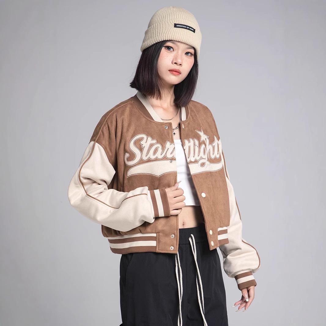 Ladies Maillard American Vintage Baseball Suit Autumn Embroidery Casual Bomber Jacket S темно-коричневого