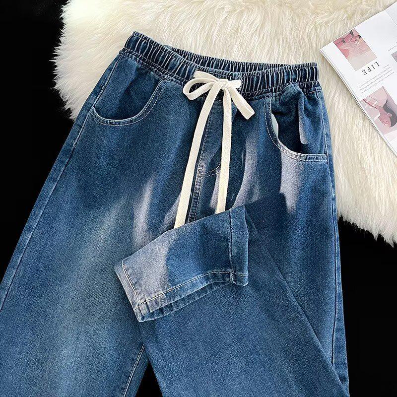 

Spring Summer Women s Plus Size High Waist Elastic Denim Pants - Slimming Straight Loose Wide Leg Floor Length 3X Large
