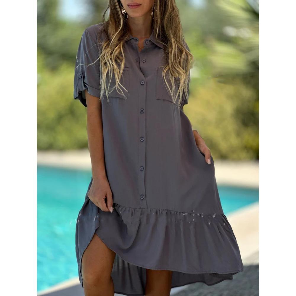 

Однотонное повседневное платье с подолом, лацканами и карманом 5XL серый