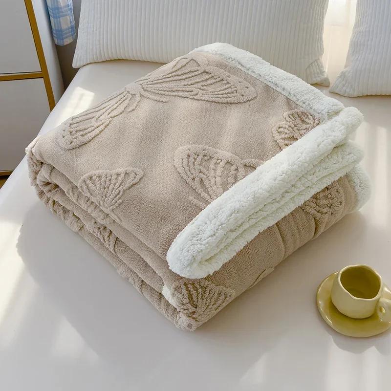JSoft Warm Coral Fleece Blanket Pink Butterfly Jacquard Winter Thermal Sofa Throw Thick Bed Blanket Nap Knee Small Quilts