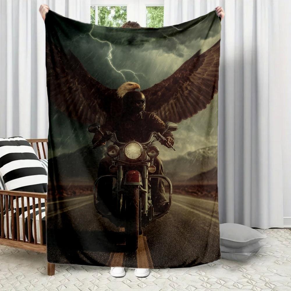 Motorcycle and eagle wings Flannel printed blanket suitable for all seasons suitable for living room office sofa and travel