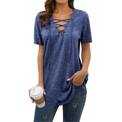 Women Lace Up V Neck Short Sleeve Tunic Top
