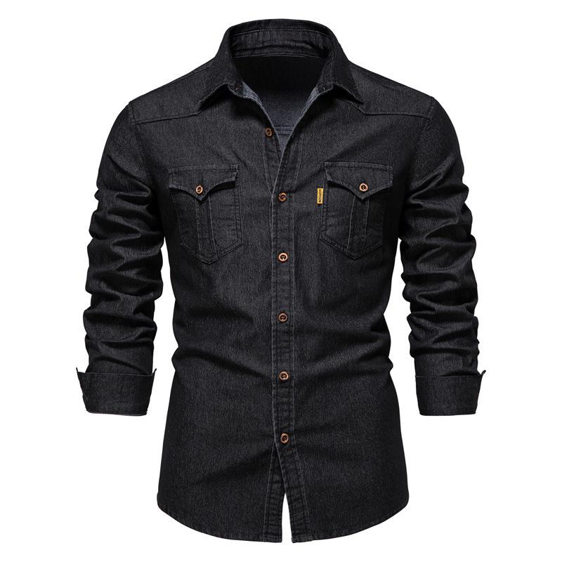 2026 Men's European Size Casual Solid Color Denim Long-Sleeve Shirt In Stock