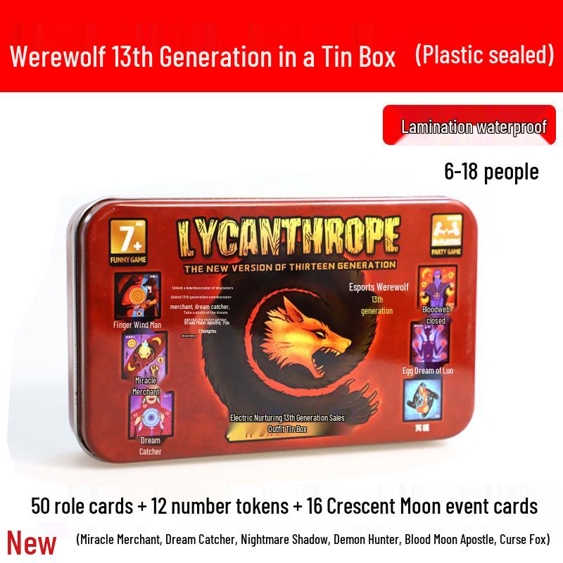 Werewolf 6th Edition Table Game Tin Box with Crescent and Killer Game Cards: It's Dark, Please Close Your Eyes