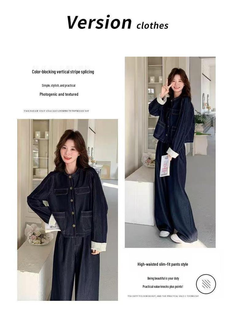 Women's Plus Size Spring & Autumn Denim Suit: Round Neck Jacket & Wide Leg Pants - Unique Two-Piece Set for Young Mothers.