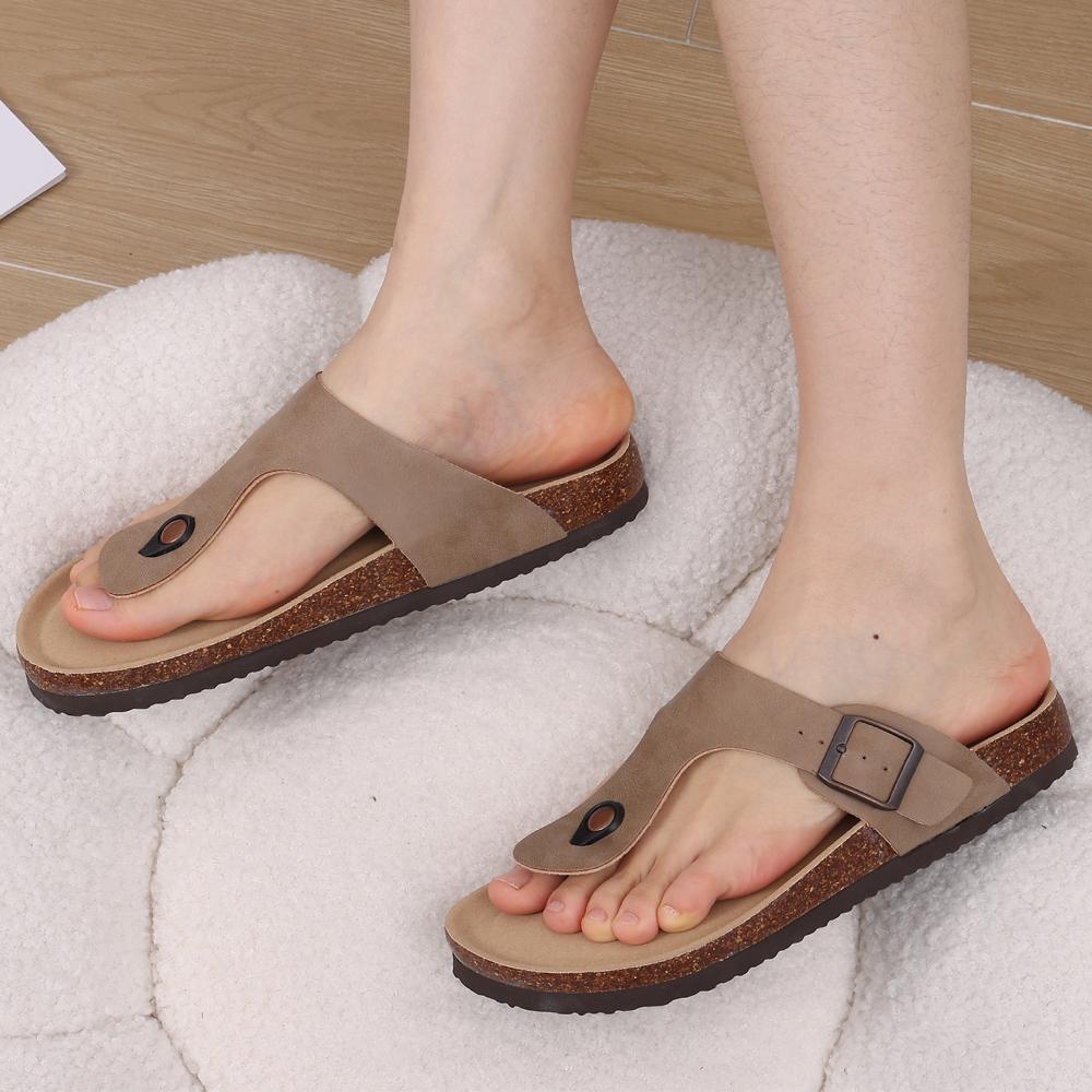 Fashion Shevalues Women's Cork Thong Sandals New Casual Leather Flip Flops Summer Unisex Cork Footbed Slippers Men Beach Vacation Slides