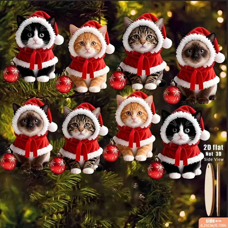 8Pcs Cute Cat Christmas Outfit Wooden Hanging Pendants Holiday Ornaments Xmas Tree Home Garden Party Decor Festival Gift Supplie