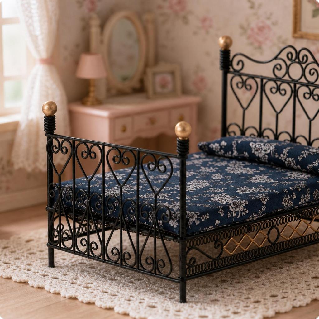 Dollhouse Double Bed 1:12 Scale Miniature with Mattress Wroughtintricate