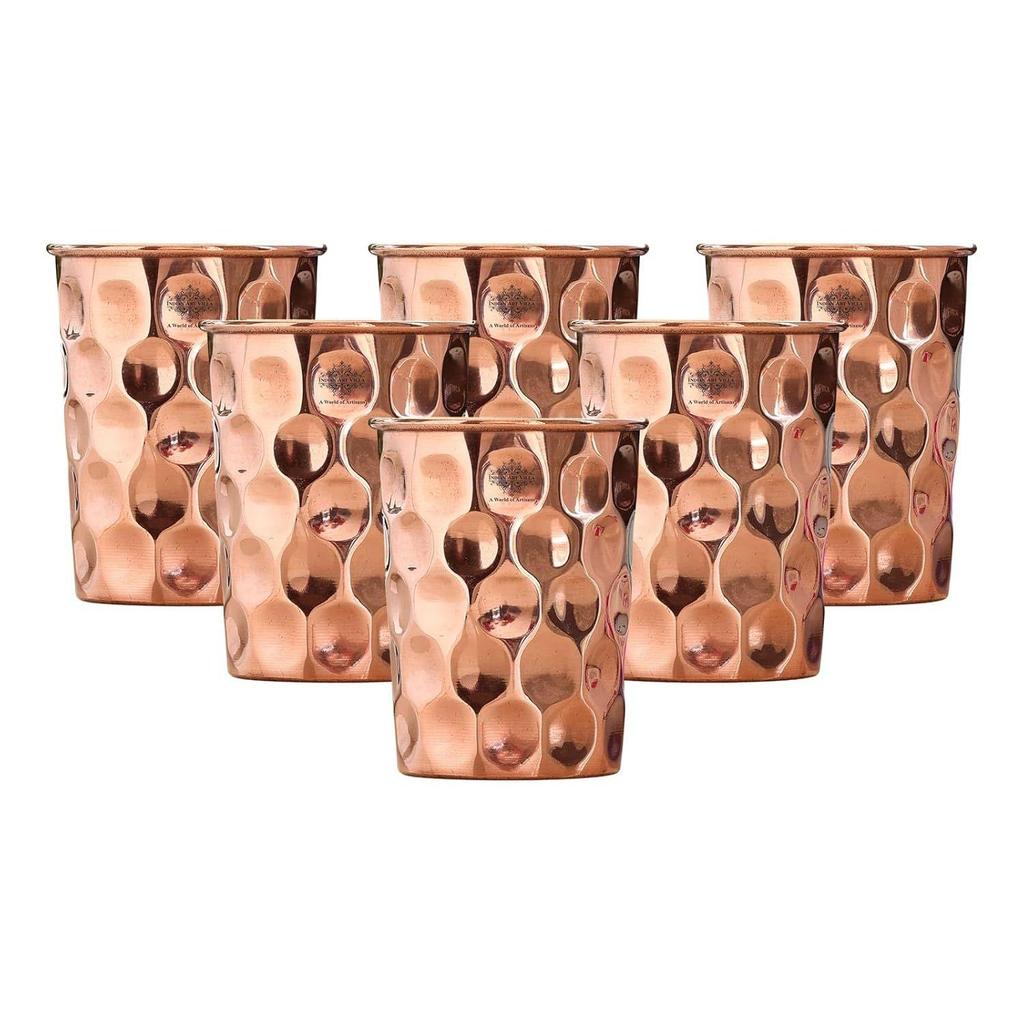 Pure Copper Plain Glass with Diamond Hammered Design, Drinking Serving Water, Yoga Ayurveda, Volume-300 Ml, Pack of 6
