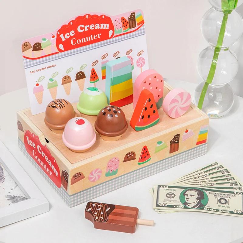 Wooden Ice Cream Counter Playset for Toddler Toys, Montessori Pretend Play Food Toys Kitchen early childhood education