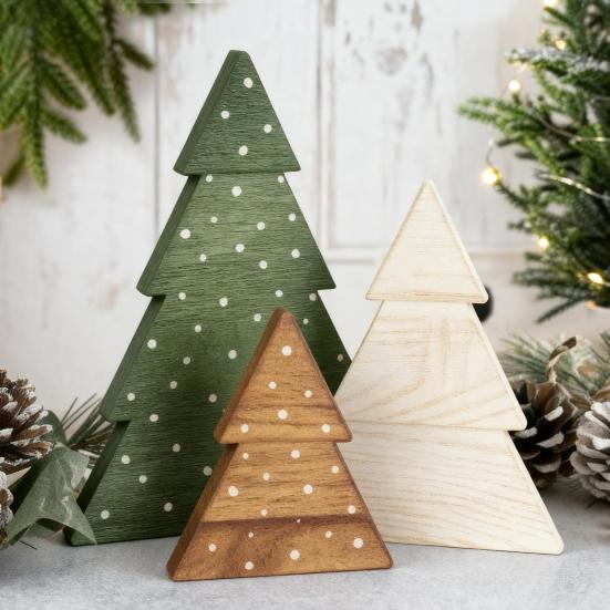 3 Pcs Christmas Tree Wooden Signs Table Decor Rustic Freestanding Xmas Tree Wood Block Sign for Winter Holiday Mantel Shelf Tabletop Tiered Tray Decor