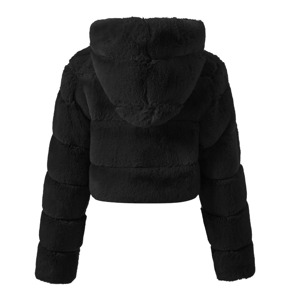 Y2k Streetwear Women Autumn Winter Faux Fur Coat Hooded Cropped Jacket Fur Coat Long Sleeve Cardigan Soft Tops Vintage Harajuku