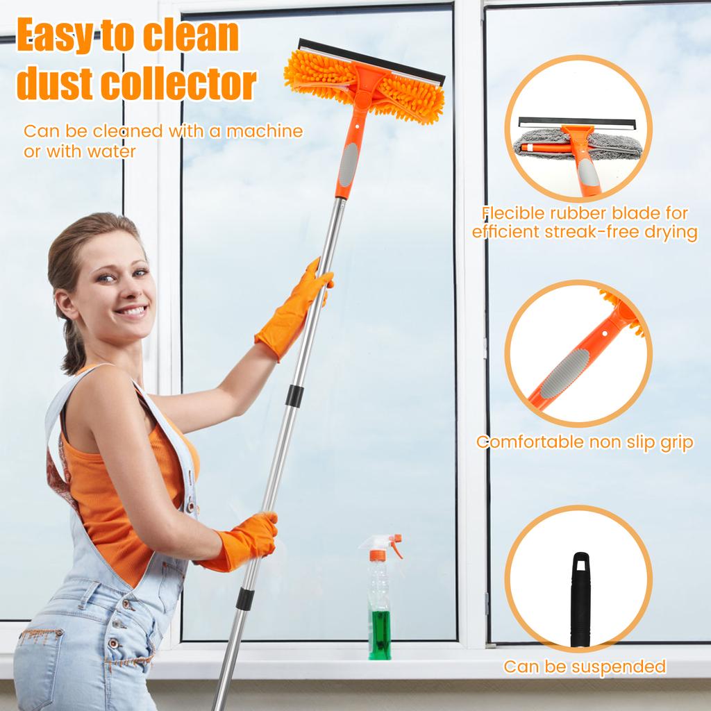 320cm Extended Window Cleaning Tool Rotatable 2 In 1 Squeegee Cleaner Mop Splicing Rod Glass Household Car Windshield Cleaning