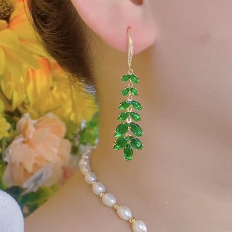 Gold & Green Crystal Leaf Retro Earrings - Light Luxury 2024 Collection