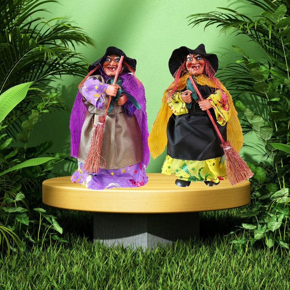 Creative Broomstick Witch Statues Funny Retro Halloween Witch Ornament Cloth Crafts Witch Figurines Halloween Party Decoration