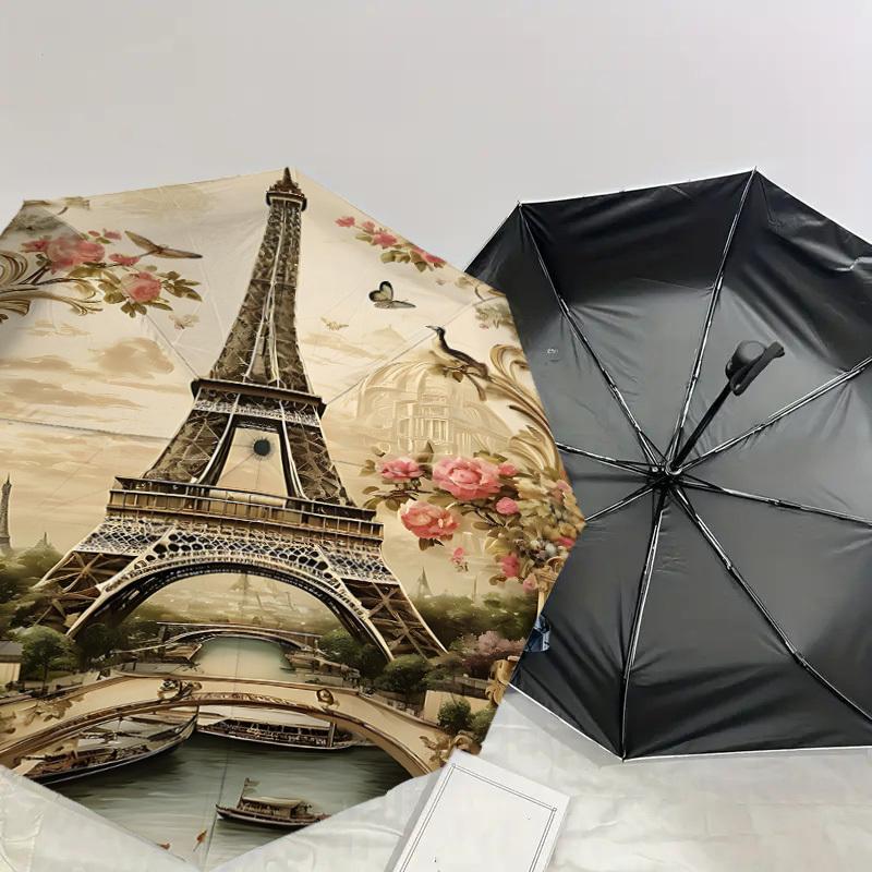1PC Eiffel Tower Flowers Umbrella-8-Rib Reinforced, Automatic Open, Lightweight & Durable, Cute Fashion Accessory for Outdoor, Beach, or Casual Use, B