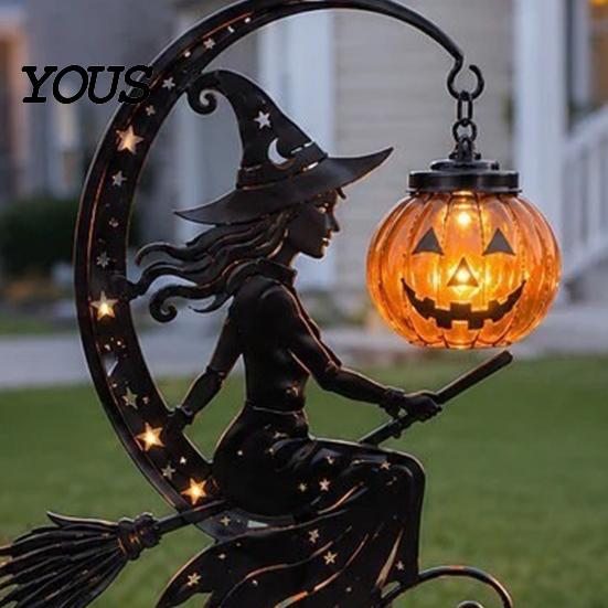 Metall-Rasenornamente für den Garten, Solarbetrieben, Halloween-Hexe, Kürbis, Erdspieß-Licht, Besen, Mond, Saisonale Außenatmosphärenlichter, Statue, Skulptur