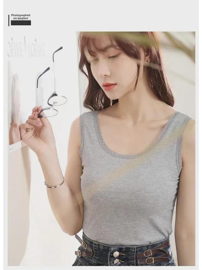 Damen Modal Geripptes Tanktop mit breiten Trägern und Spitzenbesatz - Frühling/Sommer Übergröße Lockere Passform