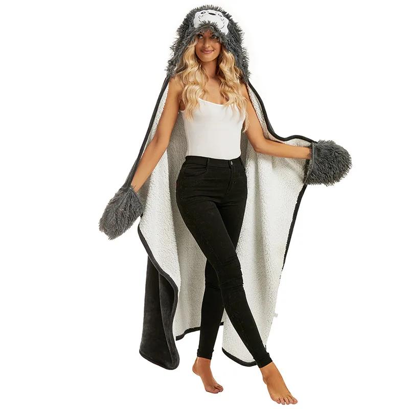 Cartoon Animal Hooded Blanket Soft Fleece Lamb Velvet with Sleeves Gloves Comfortable Winter Home TV Sofa Nap Blanket