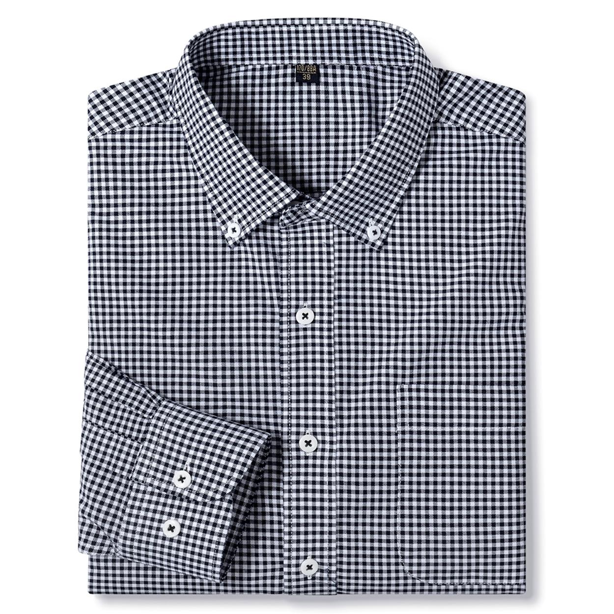 

Чоловіча картата приталена сорочка з довгим рукавом на ґудзиках з кишенею, комфортна бавовна 100%, ділова робоча повсякденна сорочка в клітинку гінгем 44