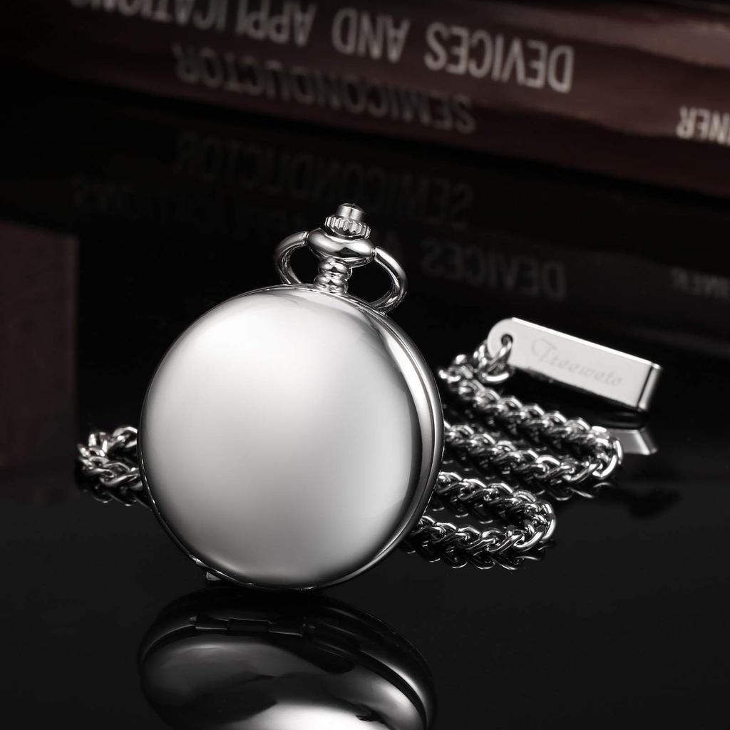 TREEWETO Mechanical Pocket Watch Antique Golden Dial Skeleton Roman Numerals Silver Double Hunter with Chain Lid