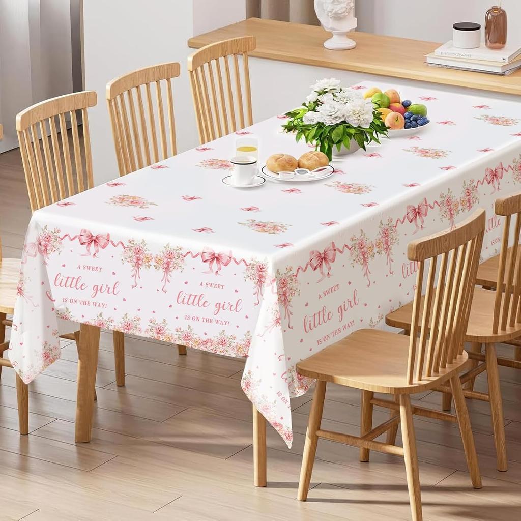 MEHOFOND 3 Pcs Pink Bow Baby Shower Table Cloth, Floral Coquette Sweet Girl Baby Shower Party Disposable Tablecloths Decorations, 108 x 54 Inch