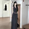 2025 Korean Style Twisted Pleat Retro Top and Patchwork Sleeveless Skirt Set