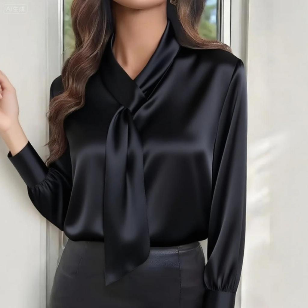 2025 Autumn Solid Color Fashion Design Long Sleeve Blouse with Ribbon for Women
