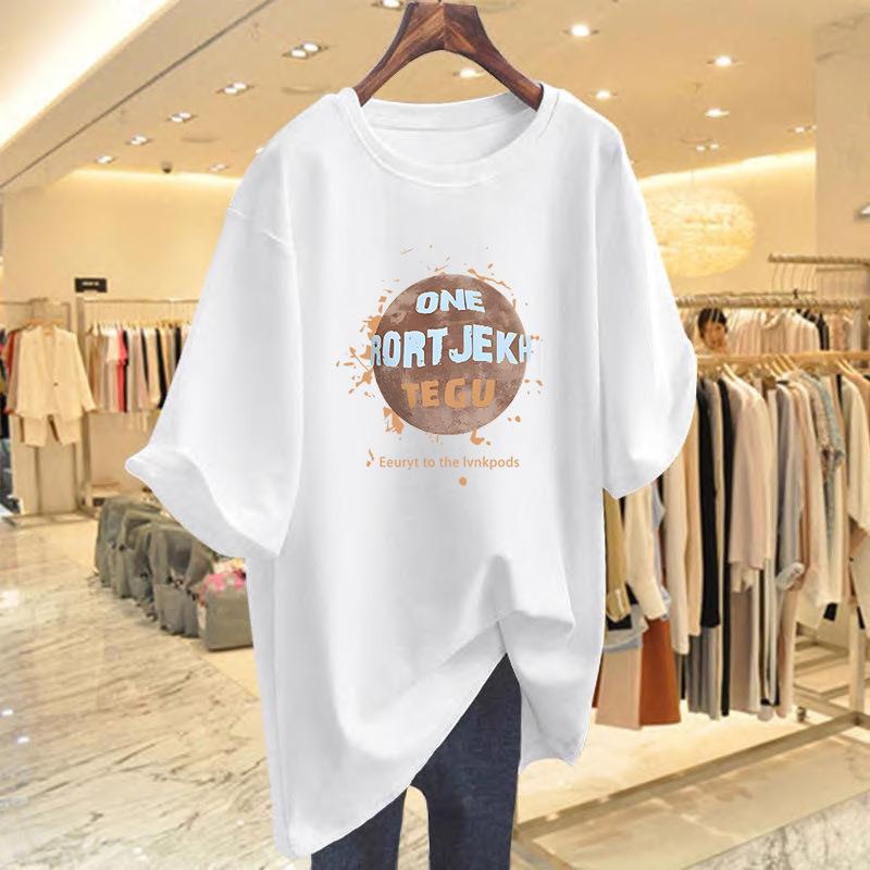

Pure cotton letter printing T-shirt women s loose crew neck summer new large size top bottoming shirt S