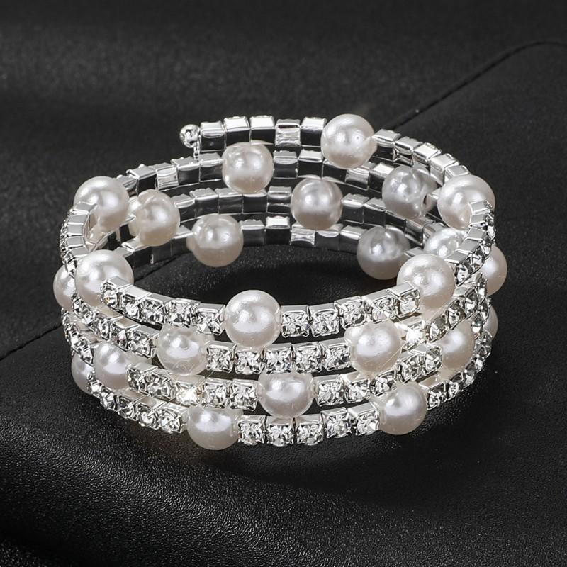 Open pearl rhinestone bracelet, multi-layer ethnic style bracelet bride elastic diamond bracelet women