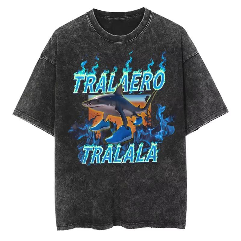 Vintage Washed Bombardiro Crocodilo T Shirt Funny Plane Bomber Crocodile Meme T-shirts Men Women Gothic Casual Humor T Shirts