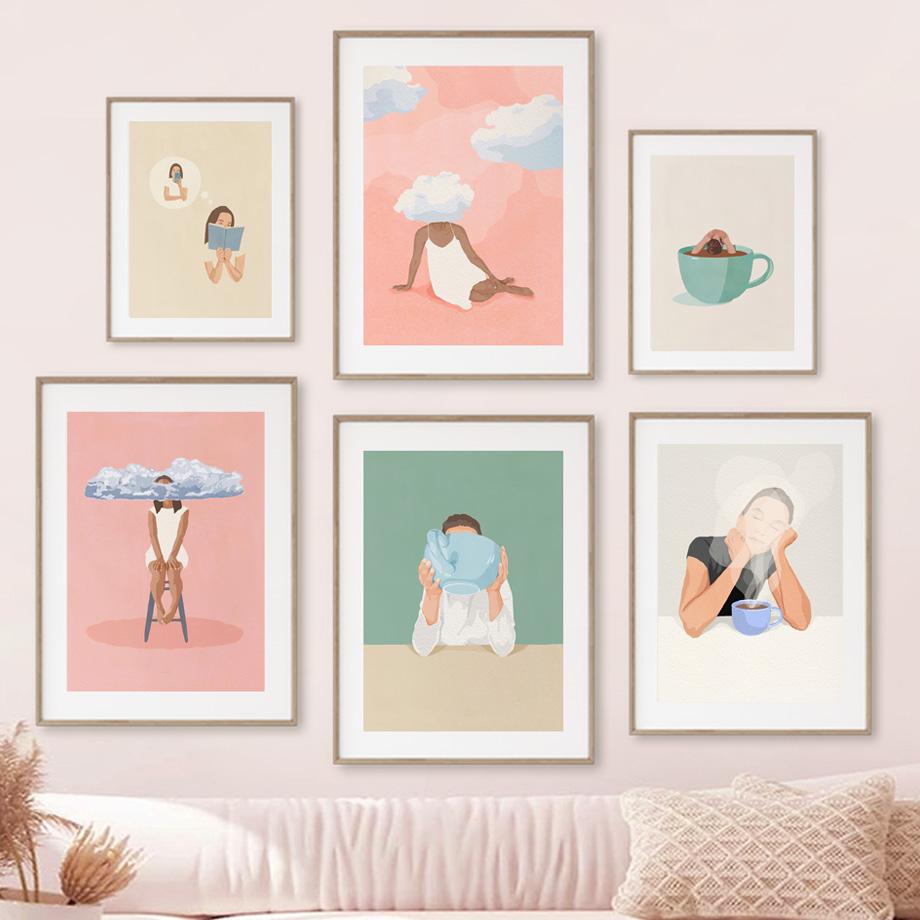 

Плавание Спящая кофейница Абстрактная минималистичная настенная живопись Плакаты и принты Настенная картина Гостиная