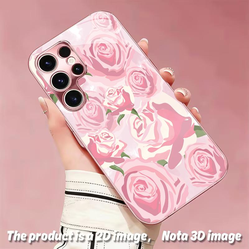 2DFlat Samsung electroplated tempered glass phone case,Pink Roses Pattern Phone CaseSuitable for Galaxy S26 S23 S24FE S25ULTRA S22 S21