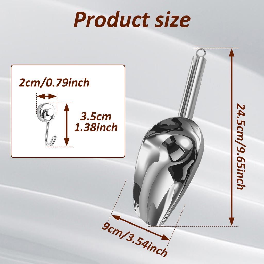 2Pcs Stainless Steel Ice Scoop for Freezer with 2 Magnetic Hooks Multipurpose Ice Scooper for Kitchen Bar Party Accessories