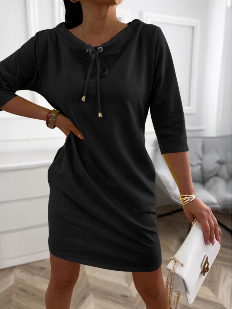 2026 Damen Mode Lässig Stehkragen Kordelzug 3/4 Ärmel Mit Kapuze Sweatshirt Kleid