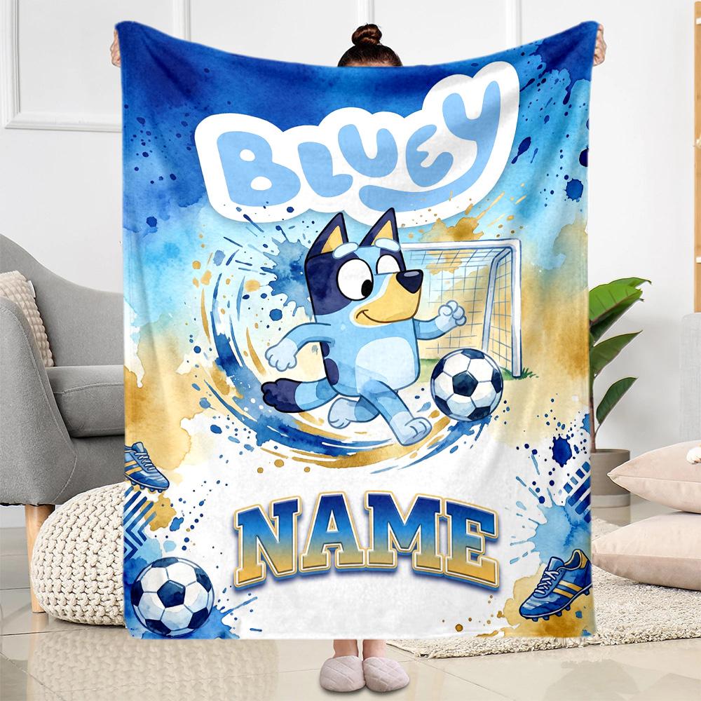 Bluey's Soccer Fun Personalized Name Blanket Cozy Customizable Blanket Ultra-Soft Versatile for Home Decor Chair Office Livingroom for All Occasions