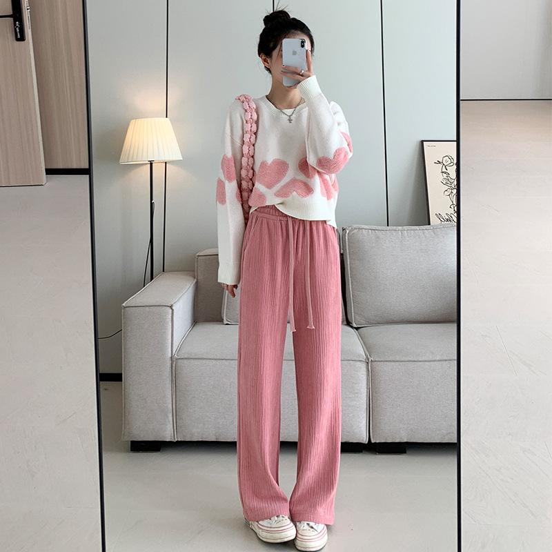 ! European Cotton Lint Sweatpants Women's Autumn and Winter New High-waisted and Thin Drape Casual Pants Knitted Straight Wide-leg Pants