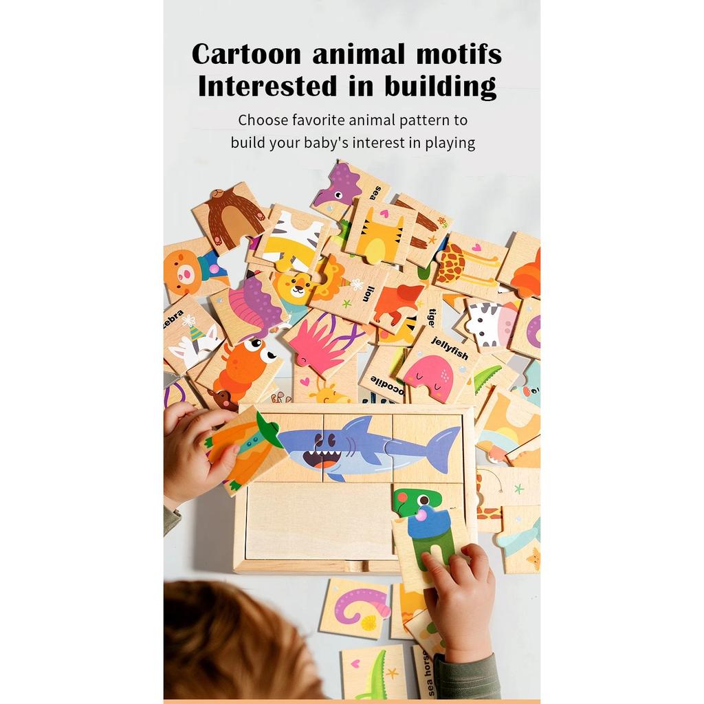 Drewniana zabawka edukacyjna Montessori Gra pamięciowa z dopasowywaniem wzorów zwierząt dla dzieci Poznawanie słów angielskich Układanka planszowa Prezent dla dzieci