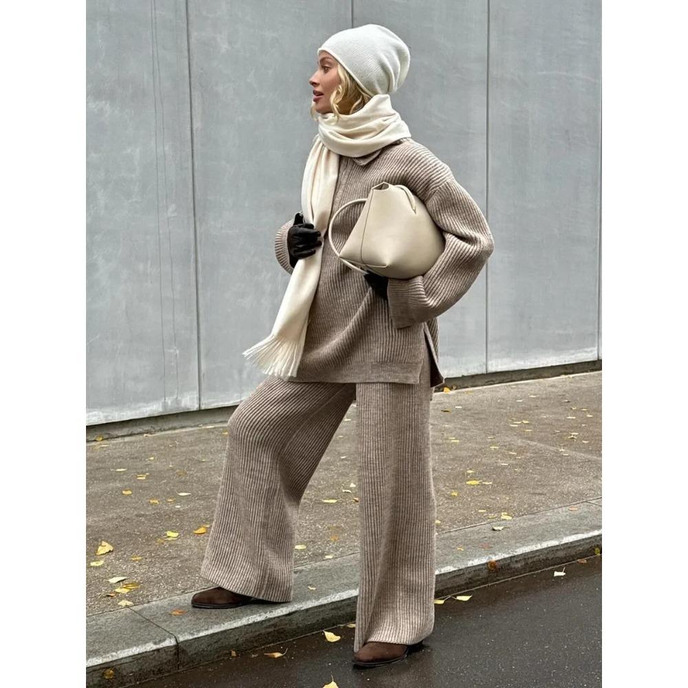 Women's Collared Half Zip Ribbed Knit 2-Piece Set Oversized Wide Leg Pants Fashion Sweater Suit