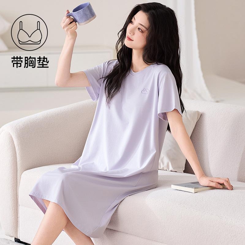 nightgown with chest pad women's summer pure cotton short-sleeved medium and long dress simple solid color summer can wear loungewear
