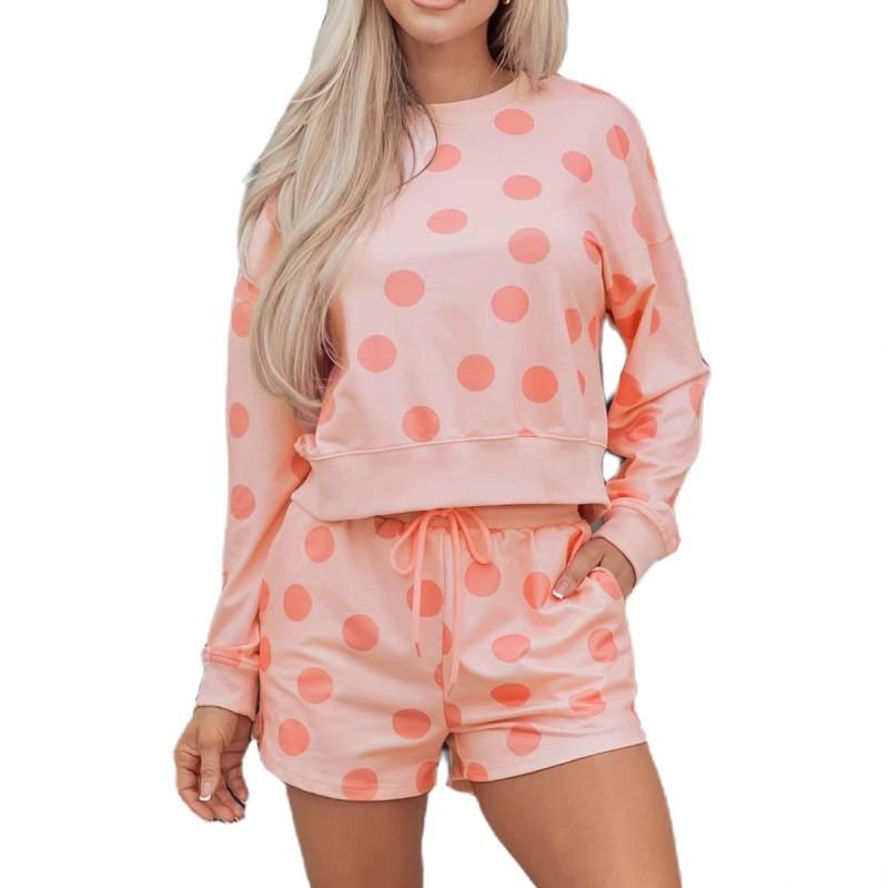 Womens Polka Dot Print Casual Two-Piece Set Loose Fit Hoodie Long Pants Winter Outfit