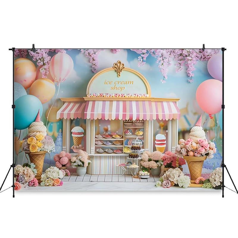 Ice Cream Backdrop For Photography Cake Crush Dessert Shop Balloon Flower Background Wedding Birthday Party Decoration Backdrops