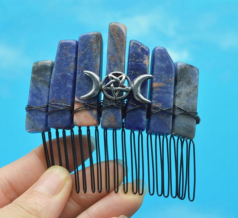 Natural Amethyst Moon & Stars Black Hairpin Comb - Bridal Crown Accessory