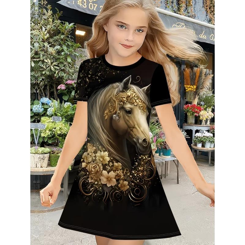 Children's Clothing Girl Cute Funny Animal Horse 3D Printed Graphic Summer Dresses Comfortable Crew Neck