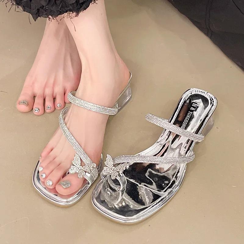 Fashion 2025 Luxury Crystal Butterfly Sandals Women Summer Fashion Clear Heel Wedding Party Shoes Woman Clip Toe Thick Heeled Sandalias